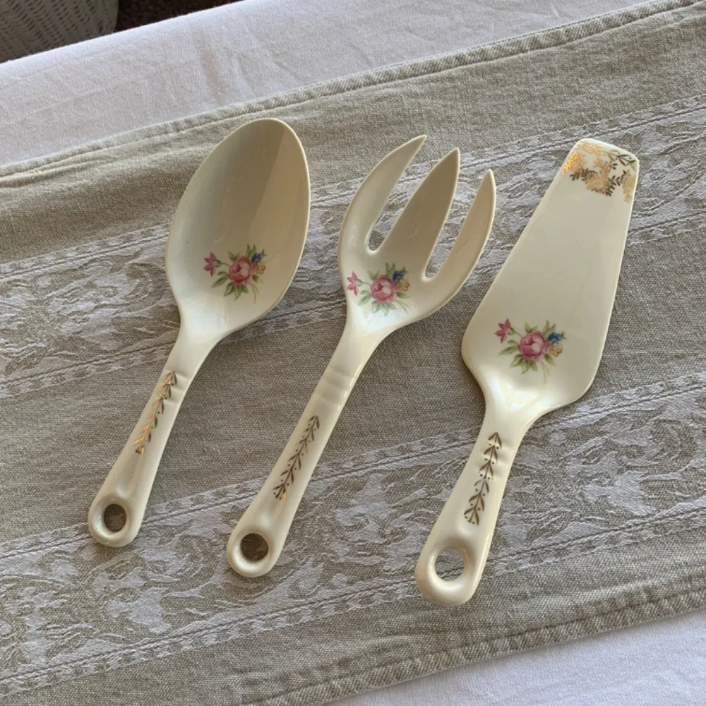 Ceramic Floral Serving Utensil Set- Shabby Chic Vintage Spoon, Fork, Pie Server